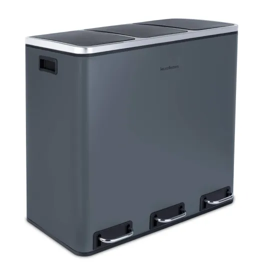 Poubelle de tri à pédale N°984, Acier inoxydable, Triple compartiment de 18L, Sac compatible 30L, Tri sélectif, Seaux amovibles, Résistante, Pratique, Fermeture silencieuse, Gris Bleuté 3 Compartments (18 L each) Gris Bleuté