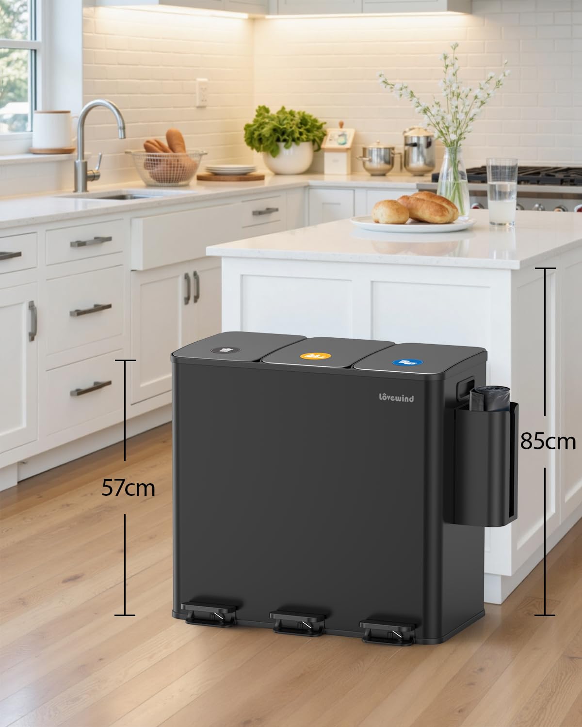 Lovewind Poubelle de Cuisine, 3 Poubelles de Recyclage de 20L,3 Compartiments pour le Recyclage et les Déchets,Boîte de Rangement pour Sacs Poubelles Incluse,étiquette magnétique,seaux intérieurs,Noir 3*20L Noir
