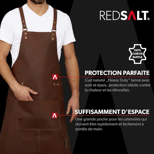 REDSALT® tablier cuir de buffle souple, suede, tablier barbecue - 84x62cm - accessoires pour la cuisine exterieur, le serveur et le barman, comme tablier de cuisine - cadeau homme Crossback - Brown