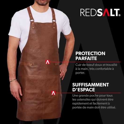 REDSALT® tablier cuir de buffle souple, suede, tablier barbecue - 84x62cm - accessoires pour la cuisine exterieur, le serveur et le barman, comme tablier de cuisine - cadeau homme Crossback II - Brown