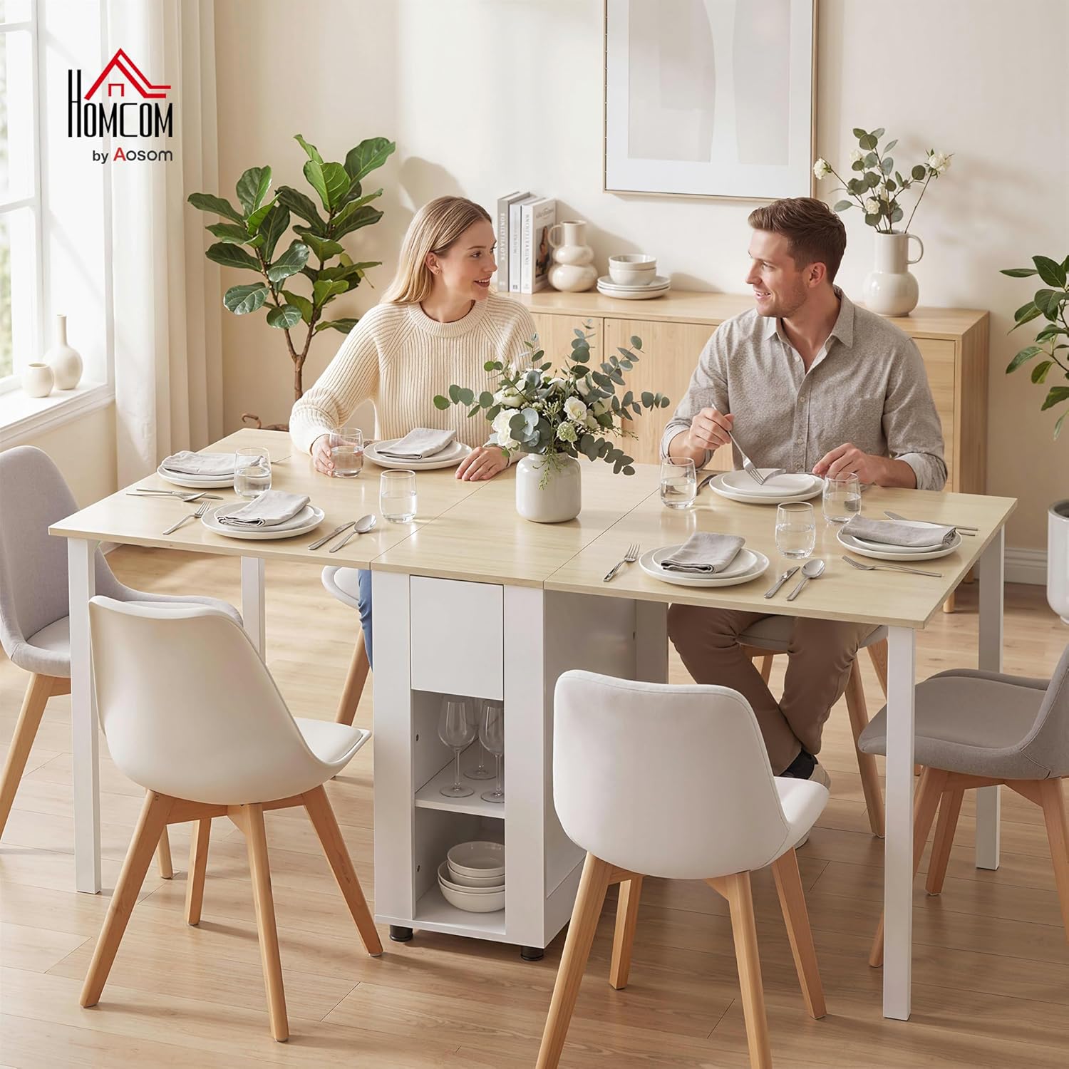 Table à Manger Pliante pour 6 Personnes 39-168 cm, Table de Cuisine rectangulaire, 2 abattants, 2 tiroirs et 4 étagères Ouvertes, Pieds en Bois de pin, pour Petit Espace, Salle à Manger, Blanc