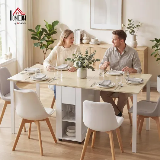 Table à Manger Pliante pour 6 Personnes 39-168 cm, Table de Cuisine rectangulaire, 2 abattants, 2 tiroirs et 4 étagères Ouvertes, Pieds en Bois de pin, pour Petit Espace, Salle à Manger, Blanc