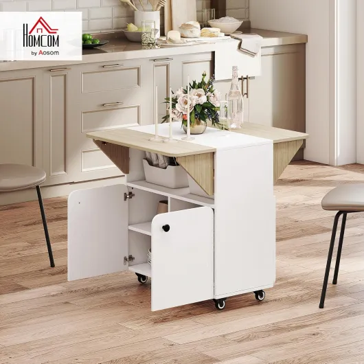 Table à Manger Pliante sur roulettes pour Petits espaces, Table de Cuisine pour 4 Personnes avec 2 abattants, étagère et Placard, idéale pour Salle à Manger, 70 x 83 x 75 cm, Blanc