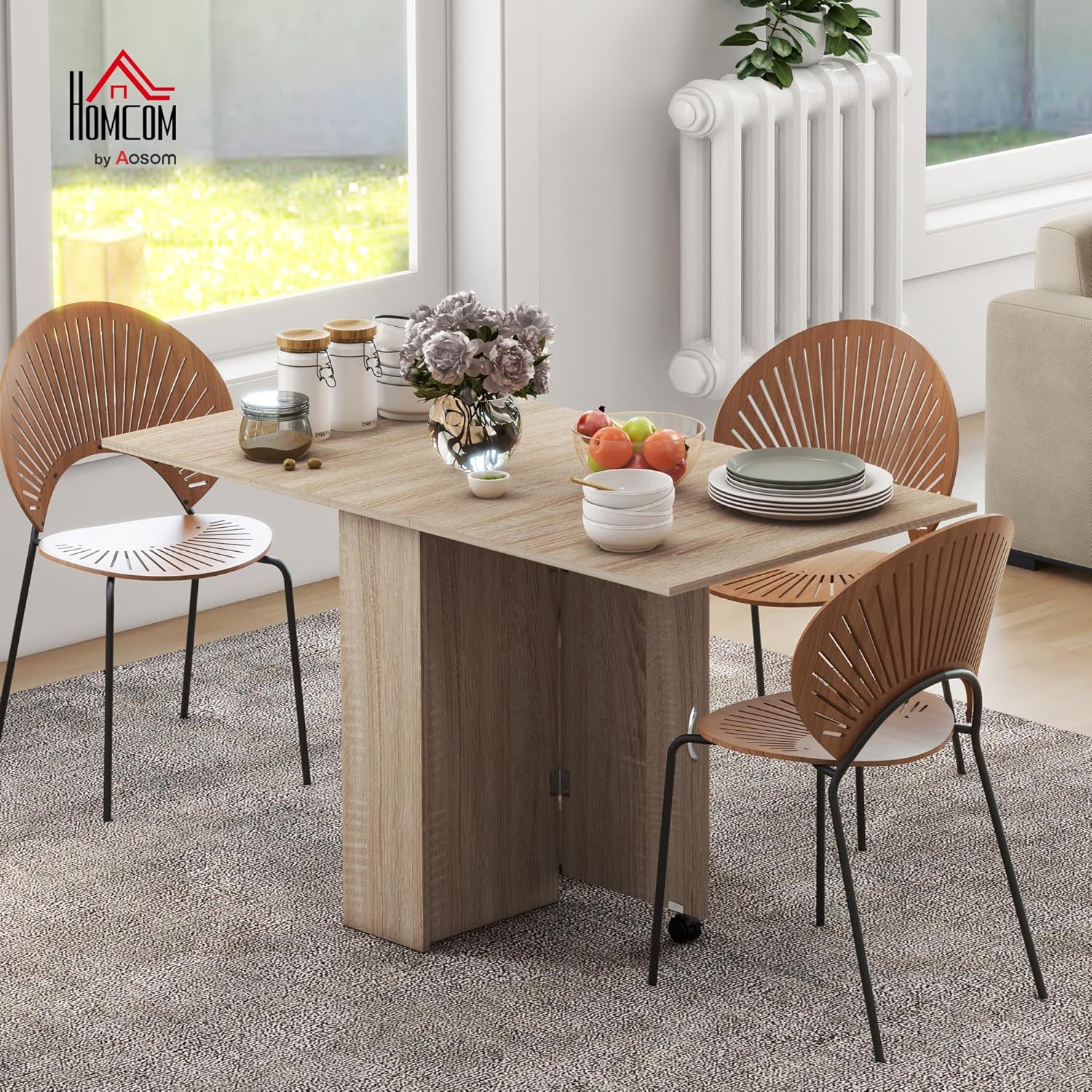 Table Pliante de Cuisine Salle à Manger Amovible sur roulettes 75L x 140l x 74H cm 2 étagères intégrées en Bois Coloris Naturel