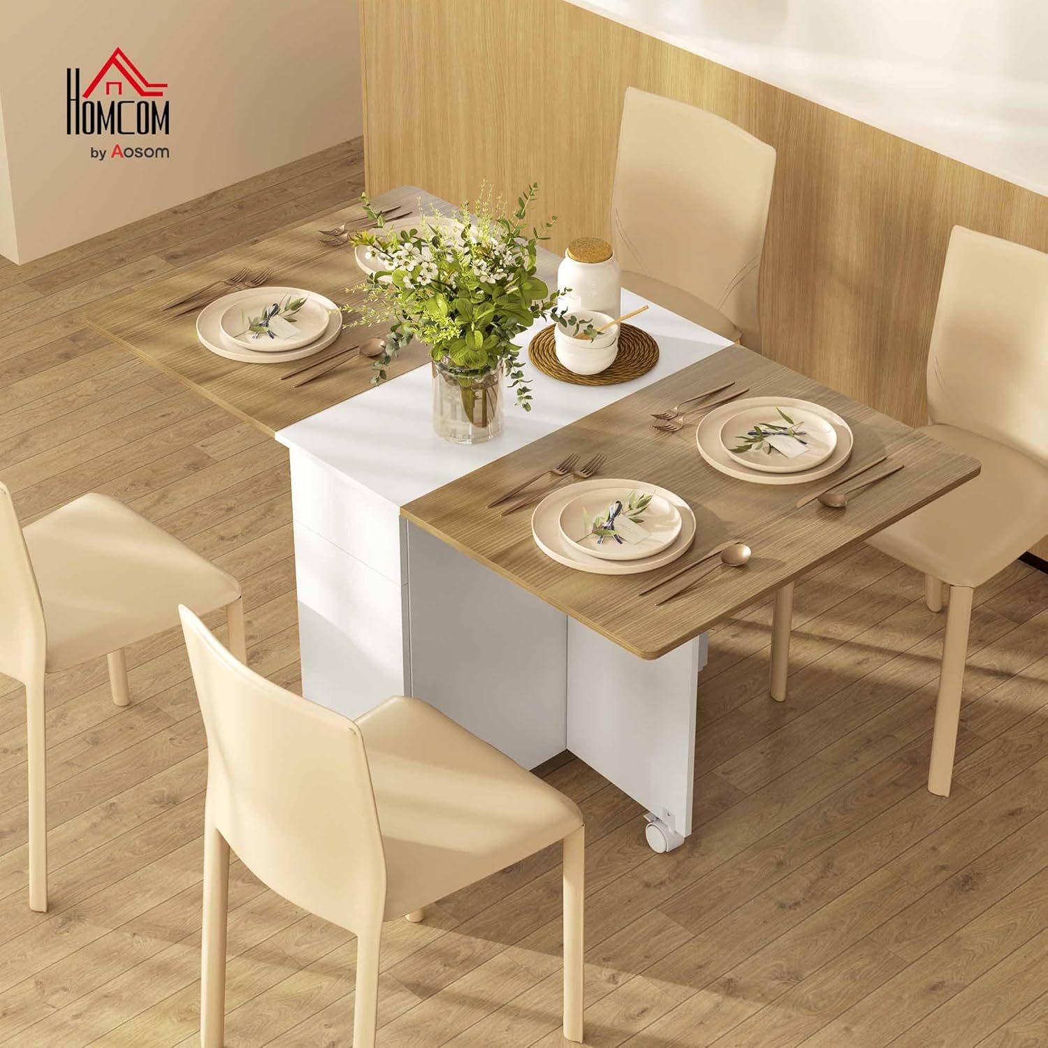 Table à Manger Pliante sur roulettes, Table de Cuisine pour 6 Personnes avec 2 abattants, 2 tiroirs et 2 placards, pour Petits espaces, 140 x 76 x 74 cm, Blanc et Bois Naturel