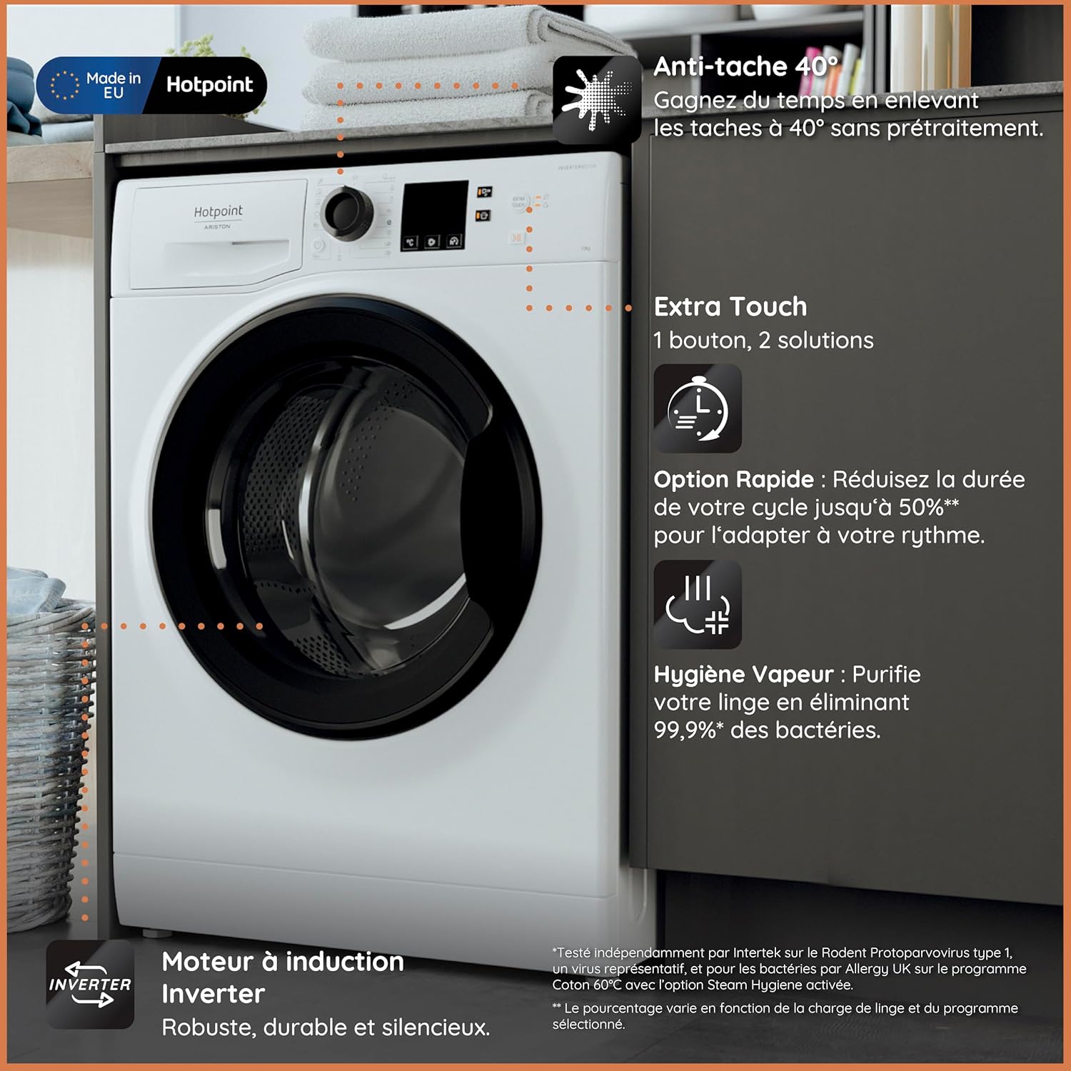 NS1069CWKEUN Lave-linge Hublot Posable - 10 kg, 1400 tr/min, Moteur Inverter - Steam Hygiene, Départ Différé - Classe Énergétique A - Blanc