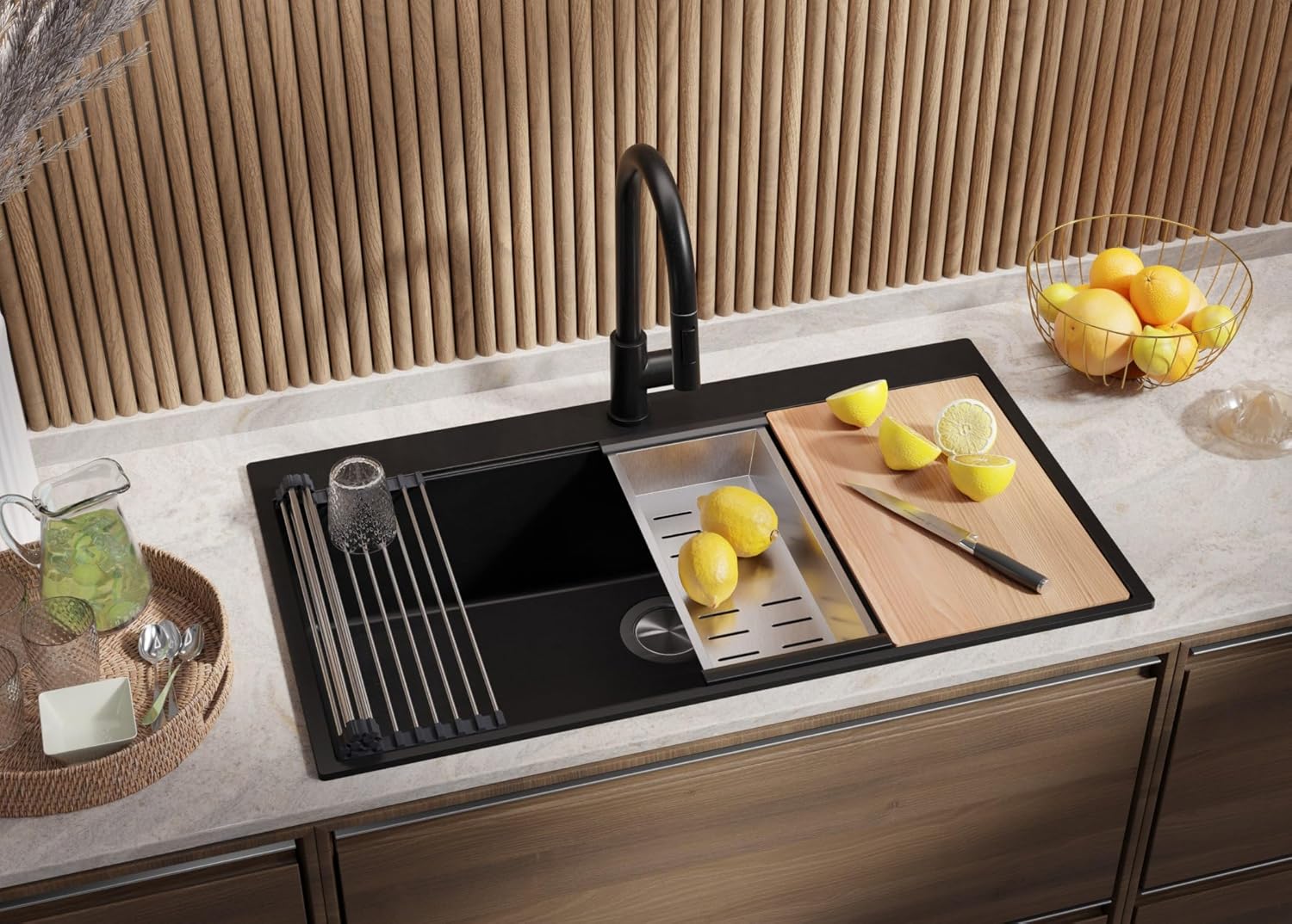 Evier d'angle en Granit Noir 88x50cm, Lavabo Cuisine 1 bac + Kit de Vidage + Planche à Découper, Évier à Encastrer au Meuble 90cm - Oslo S705 1 - Evier 88x50 1.2 - Noir/Chrome + Planche À Découper
