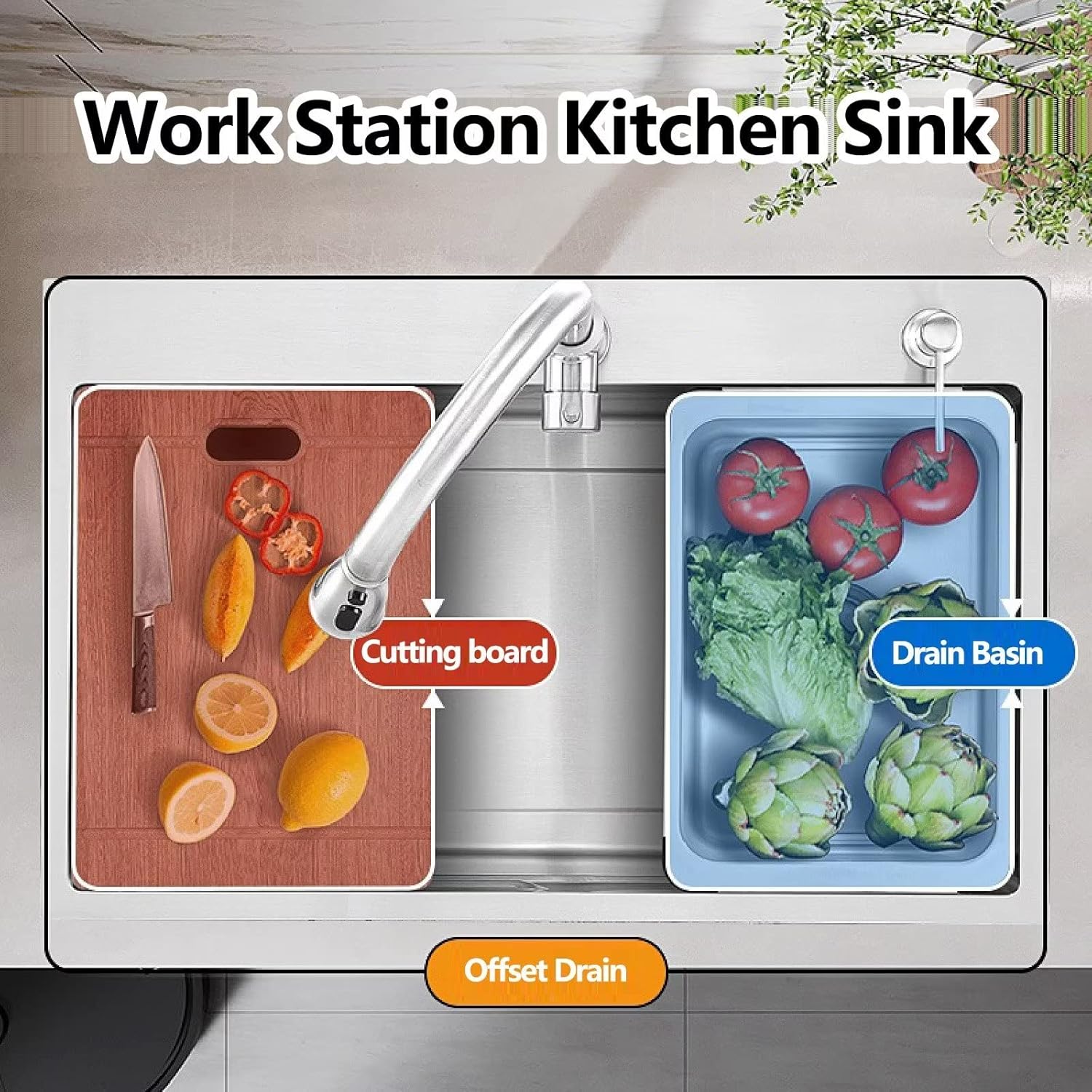 Évier de cuisine d'angle modulaire avec drain décalé à encastrer en acier inoxydable finition brossée cuve unique résistant aux bosses 75 x 45 cm