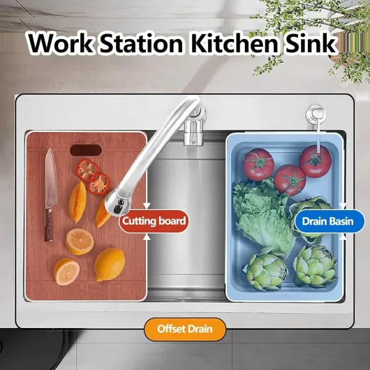 Évier de cuisine d'angle modulaire avec drain décalé à encastrer en acier inoxydable finition brossée cuve unique résistant aux bosses 75 x 45 cm