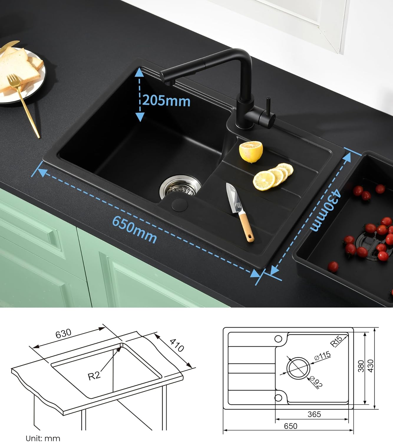 Évier Noir,Évier Cuisine 1 Bac 65 x 43 cm,Évier de Cuisine avec Egouttoir,Panier à Égoutter,Bac d'égouttage,Accessoires de Drainage,Adaptable aux Meubles Bas à Partir de 40 cm de Largeur Noir 65*43*20cm