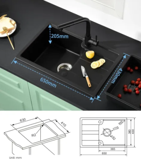 Évier Noir,Évier Cuisine 1 Bac 65 x 43 cm,Évier de Cuisine avec Egouttoir,Panier à Égoutter,Bac d'égouttage,Accessoires de Drainage,Adaptable aux Meubles Bas à Partir de 40 cm de Largeur Noir 65*43*20cm