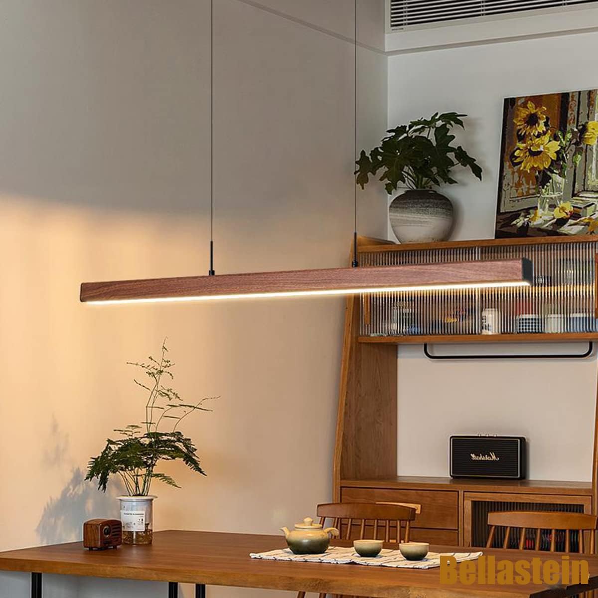 Bellastein LED suspension en bois moderne dimmable Design linéaire lampe suspendue avec télécommande table à manger suspension hauteur réglable salle à manger suspension (färg valnöt, L100cm) L100cm Färg Valnöt