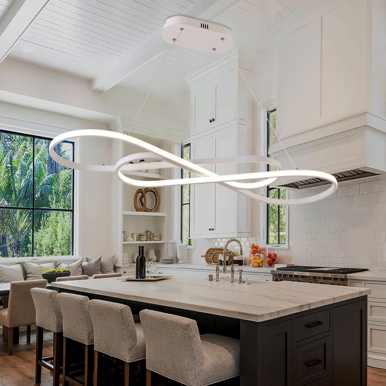 Lampes Suspendues Pour îlot de Cuisine, Luminaire Suspendu à Moderne Pour Salle à Manger, Lustre à à Intensité Variable, Plafonnier à Moderne à Hauteur Réglable Blanc L100cm
