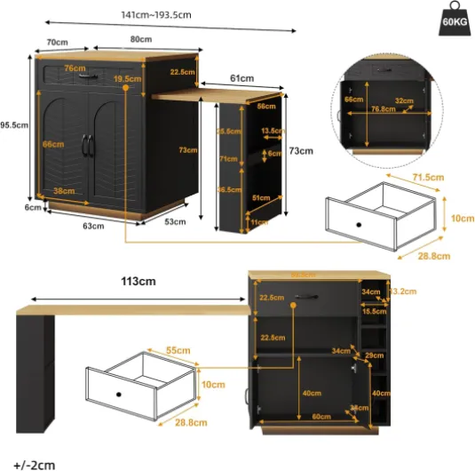 Îlot de Cuisine avec Bande LED – Meuble de Cuisine 80 x 70 x 95,5 cm avec Table Extensible, Chariot de Service Fixe, 2 Tiroirs et 4 Portes, Buffet pour Salon et Bar, Noir/Blanc (Noir + MDF + Métal)