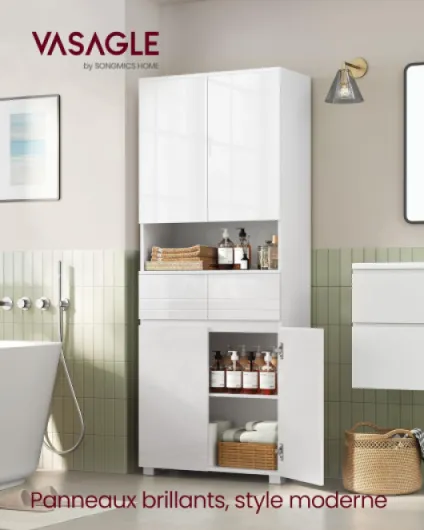 Armoire de Salle de Bain, Meuble de Rangement, Colonne, avec 2 Tiroirs, Étagères Réglables, Compartiments, 30 x 60 x 170 cm, Blanc Nuage BBC563W01 Blanc Nuage 60L cm