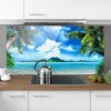 Test crédence verre palmier 120x59 : jolie plage dans la cuisine, mais pas parfaite
