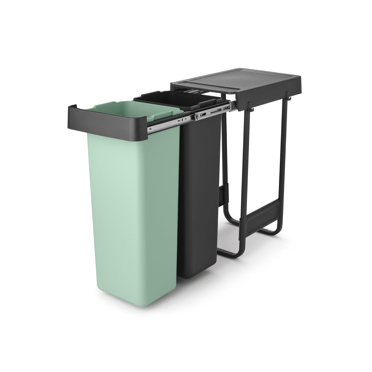 Poubelle coulissante Sort & Go - Poubelle à compartiments 2 x 30 L à installer sous l’évier de la cuisine - Système de tri intégré avec rails coulissants et bacs amovibles - Grey & Green