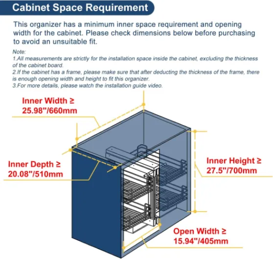 Organiseur coulissant d'angle aveugle pour armoire de 900 mm, compatible avec ouverture à gauche et à droite, ouverture minimale 405 mm, panier coulissant à 2 niveaux, montage par le bas