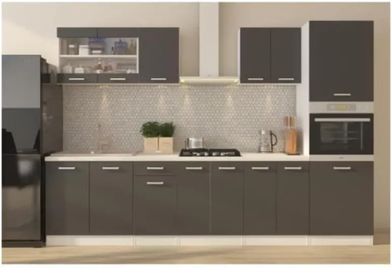 Ultra Cuisine Complete avec Colonne Four et Plan de Travail Inclus L 300 cm - Gris Mat