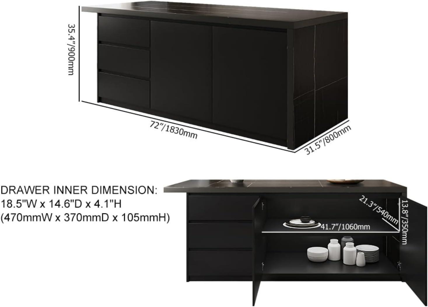 Îlot Central de Cuisine avec Rangements 183 cm Noir, Meuble Îlot Moderne avec 3 Tiroirs, 2 Portes & 6 Étagères, en Bois, Résistant à l'eau, pour Salle à Manger Noir Mat / Noir 183 cm: Tiroirs à gauche Standard: Bois d'ingénierie