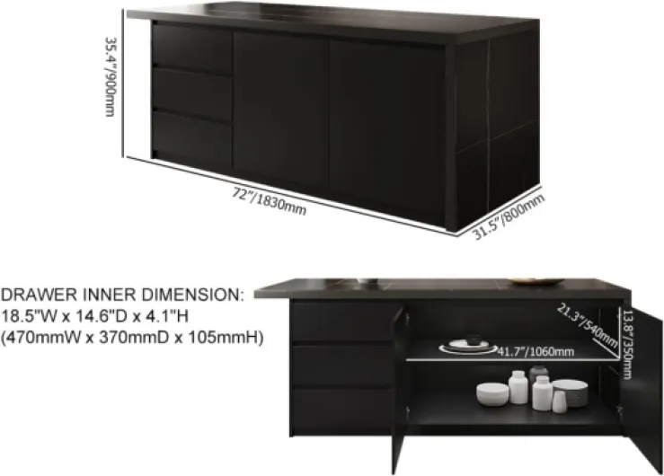 Îlot Central de Cuisine avec Rangements 183 cm Noir, Meuble Îlot Moderne avec 3 Tiroirs, 2 Portes & 6 Étagères, en Bois, Résistant à l'eau, pour Salle à Manger Noir Mat / Noir 183 cm: Tiroirs à gauche Standard: Bois d'ingénierie