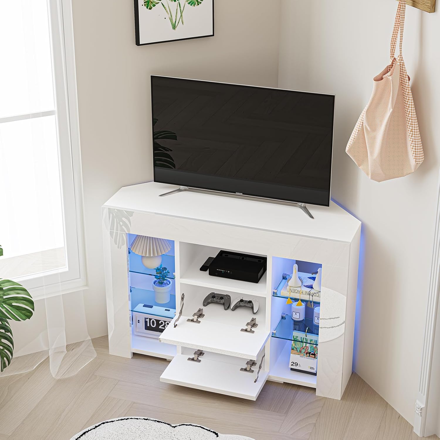 Meuble TV d'angle avec Lumières LED Brillant Convient pour Salon ou Chambre 100x68x40 cm, Blanc