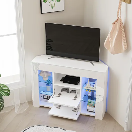 Meuble TV d'angle avec Lumières LED Brillant Convient pour Salon ou Chambre 100x68x40 cm, Blanc