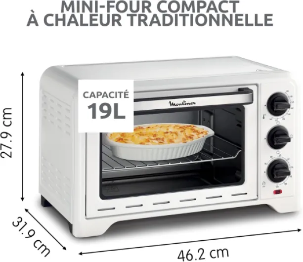 Four posable Optimo 19 L, Thermostat jusqu'à 240 °C, 3 modes de cuisson dont gril, minuteur, 6 niveaux de cuisson, Chaleur traditionnelle, Blanc OX441110