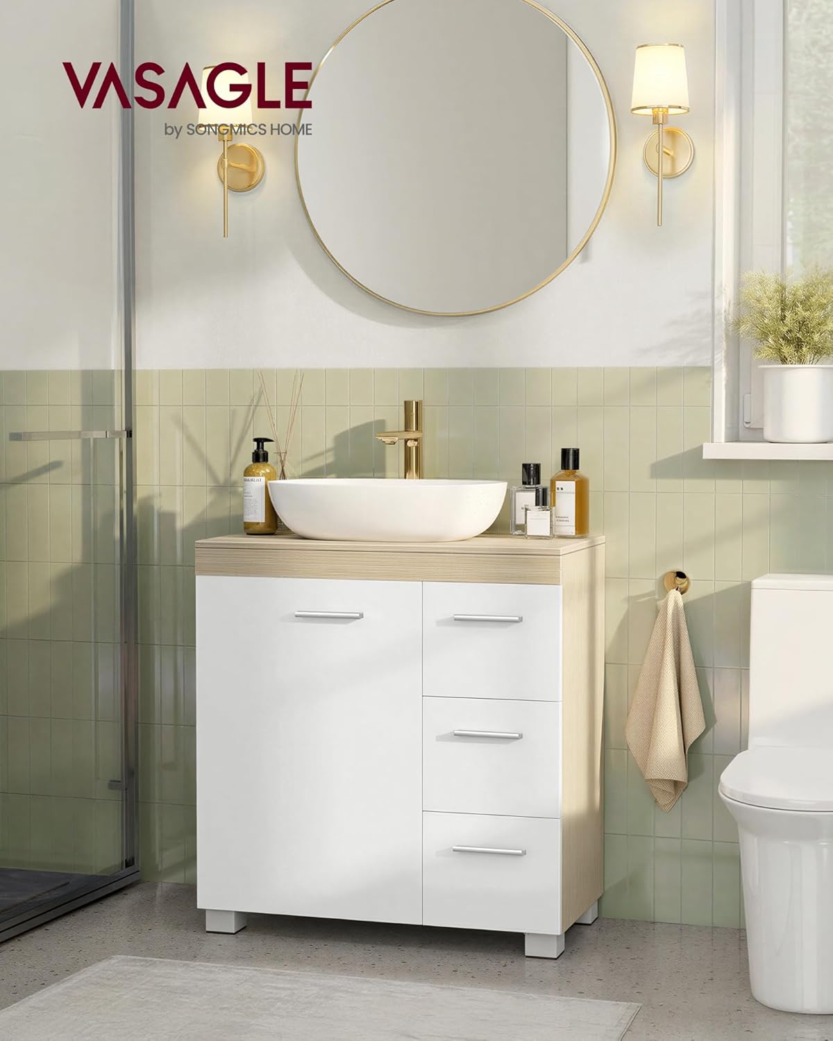 Meuble sous Lavabo, Meuble de Salle de Bain, 3 Tiroirs Latéraux, 2 Compartiments Derrière la Porte, avec Pieds, 30 x 60 x 64 cm, Blanc Nuage et Beige Naturel BBK514LL01 Blanc Nuage + Beige Naturel 60L cm