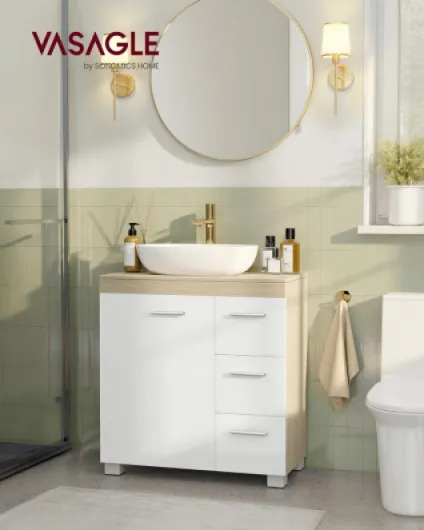 Meuble sous Lavabo, Meuble de Salle de Bain, 3 Tiroirs Latéraux, 2 Compartiments Derrière la Porte, avec Pieds, 30 x 60 x 64 cm, Blanc Nuage et Beige Naturel BBK514LL01 Blanc Nuage + Beige Naturel 60L cm