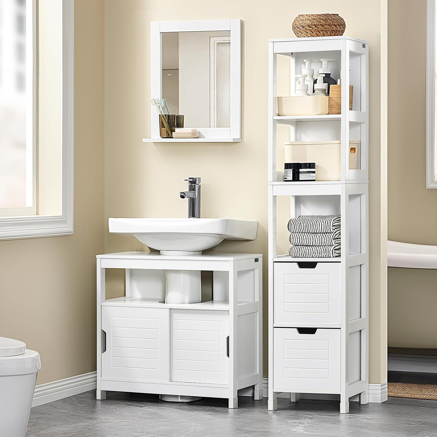 Meuble sous Lavabo Salle de Bain avec 2 Portes Coulissantes Silencieuses, Meuble sous Lavabo, Rangement Optimisé pour Petite Surface, Anti-Humidité, Bois, Blanc, L60xP30xH60cm, FRG128-II-W Blanc-frg128-ii