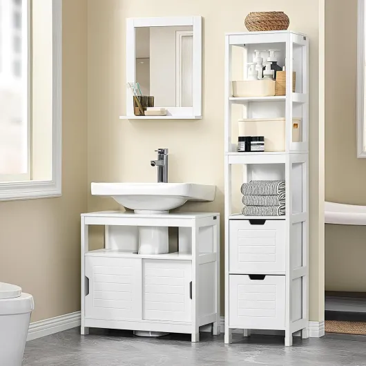 Meuble sous Lavabo Salle de Bain avec 2 Portes Coulissantes Silencieuses, Meuble sous Lavabo, Rangement Optimisé pour Petite Surface, Anti-Humidité, Bois, Blanc, L60xP30xH60cm, FRG128-II-W Blanc-frg128-ii
