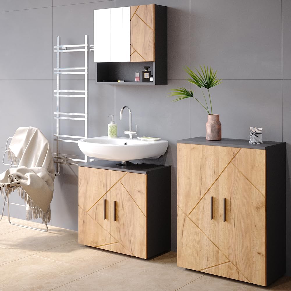 Meuble sous Vasque Simple Irma, Chêne doré/Anthracite, 60x59cm, avec découpe pour Siphon et étagère de Rangement Goldkraft Oak/Anthracite Armoire sous lavabo 60 cm