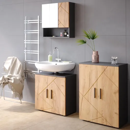 Meuble sous Vasque Simple Irma, Chêne doré/Anthracite, 60x59cm, avec découpe pour Siphon et étagère de Rangement Goldkraft Oak/Anthracite Armoire sous lavabo 60 cm