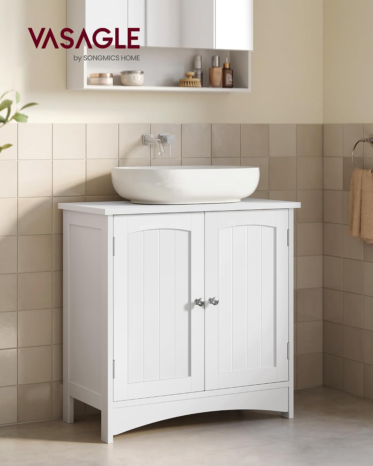 Meuble sous Lavabo, avec 2 Portes, Meuble sous Vasque, Étagère Réglable, Beaucoup d’Espace de Rangement, Style Campagne, 30 x 60 x 60 cm, Blanc Nuage BBC100WH01 avec colonne Blanc Nuage 30P x 60L x 60H cm
