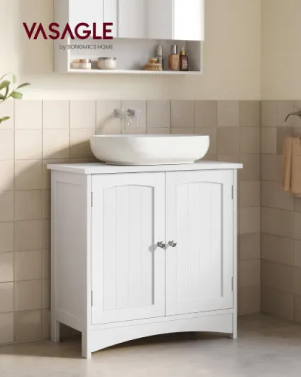 Meuble sous Lavabo, avec 2 Portes, Meuble sous Vasque, Étagère Réglable, Beaucoup d’Espace de Rangement, Style Campagne, 30 x 60 x 60 cm, Blanc Nuage BBC100WH01 avec colonne Blanc Nuage 30P x 60L x 60H cm