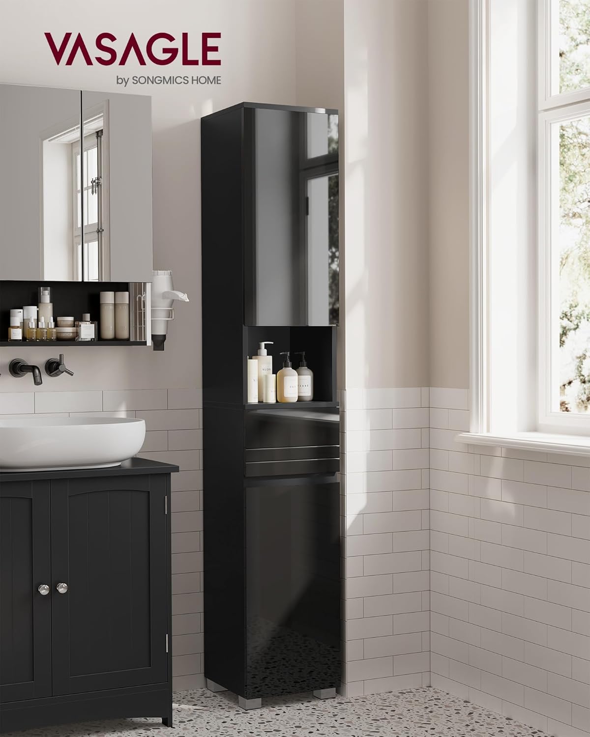 Armoire de Salle de Bain, Meuble de Rangement, Colonne, avec Tiroir, Étagères Réglables, Compartiments, 30 x 30 x 170 cm, Noir d'encre BBC560B01 Noir D'encre 30L cm