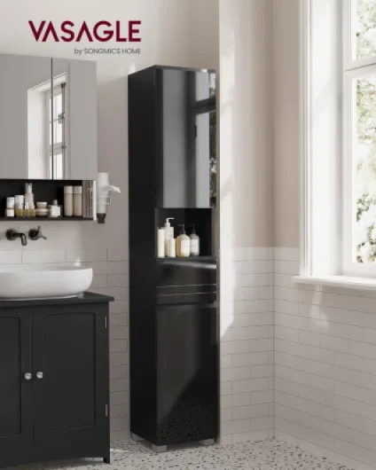 Armoire de Salle de Bain, Meuble de Rangement, Colonne, avec Tiroir, Étagères Réglables, Compartiments, 30 x 30 x 170 cm, Noir d'encre BBC560B01 Noir D'encre 30L cm