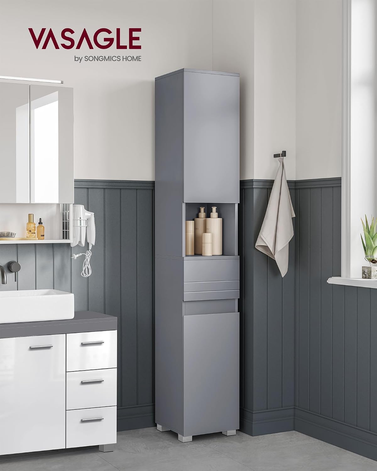 Armoire de Salle de Bain, Meuble de Rangement, Colonne, avec Tiroir, Étagères Réglables, Compartiments, 30 x 30 x 170 cm, Gris Mystique BBC560P36 Gris Mystique 30L cm