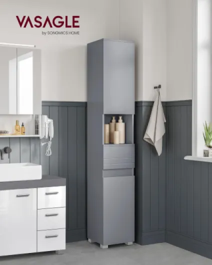 Armoire de Salle de Bain, Meuble de Rangement, Colonne, avec Tiroir, Étagères Réglables, Compartiments, 30 x 30 x 170 cm, Gris Mystique BBC560P36 Gris Mystique 30L cm