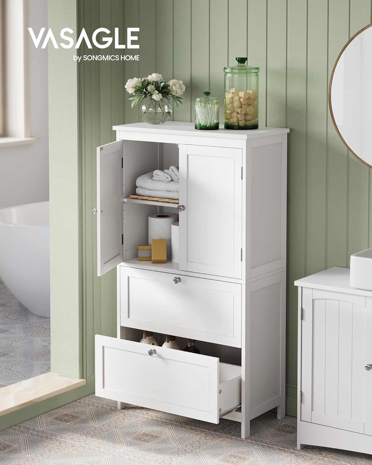 Armoire de Salle de Bain, Meuble de Rangement, Placard de Cuisine avec 2 Portes, 2 Tiroirs, Étagères Réglables, 30 x 60 x 110 cm, Blanc BBC551P31 Blanc 110H cm 2 Tiroirs et 2 Portes