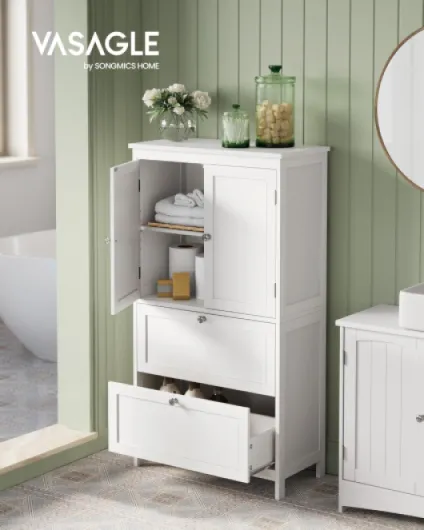Armoire de Salle de Bain, Meuble de Rangement, Placard de Cuisine avec 2 Portes, 2 Tiroirs, Étagères Réglables, 30 x 60 x 110 cm, Blanc BBC551P31 Blanc 110H cm 2 Tiroirs et 2 Portes