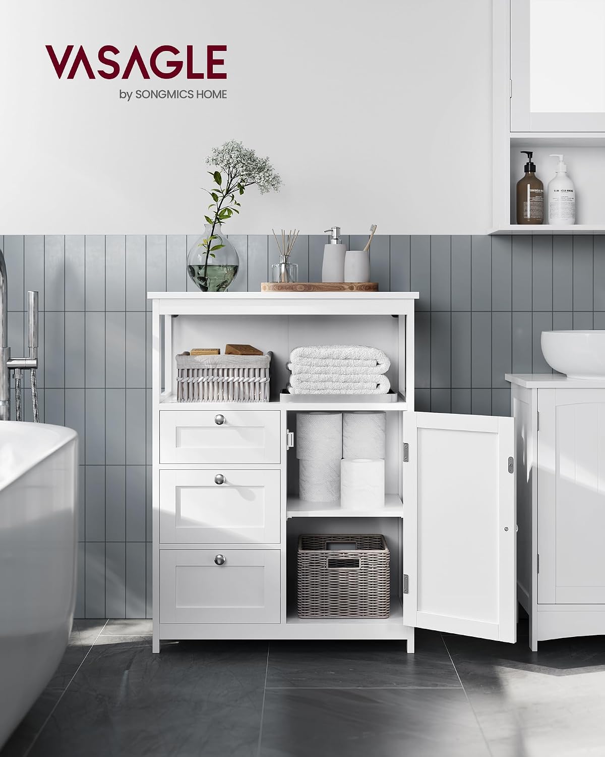 Meuble de Salle de Bain, Meuble de Rangement, Commode, Placard, Armoire, avec Étagères Réglables, 3 Tiroirs, 30 x 60 x 80 cm, Blanc BBC542P31V1 1 porte + 3 tiroirs