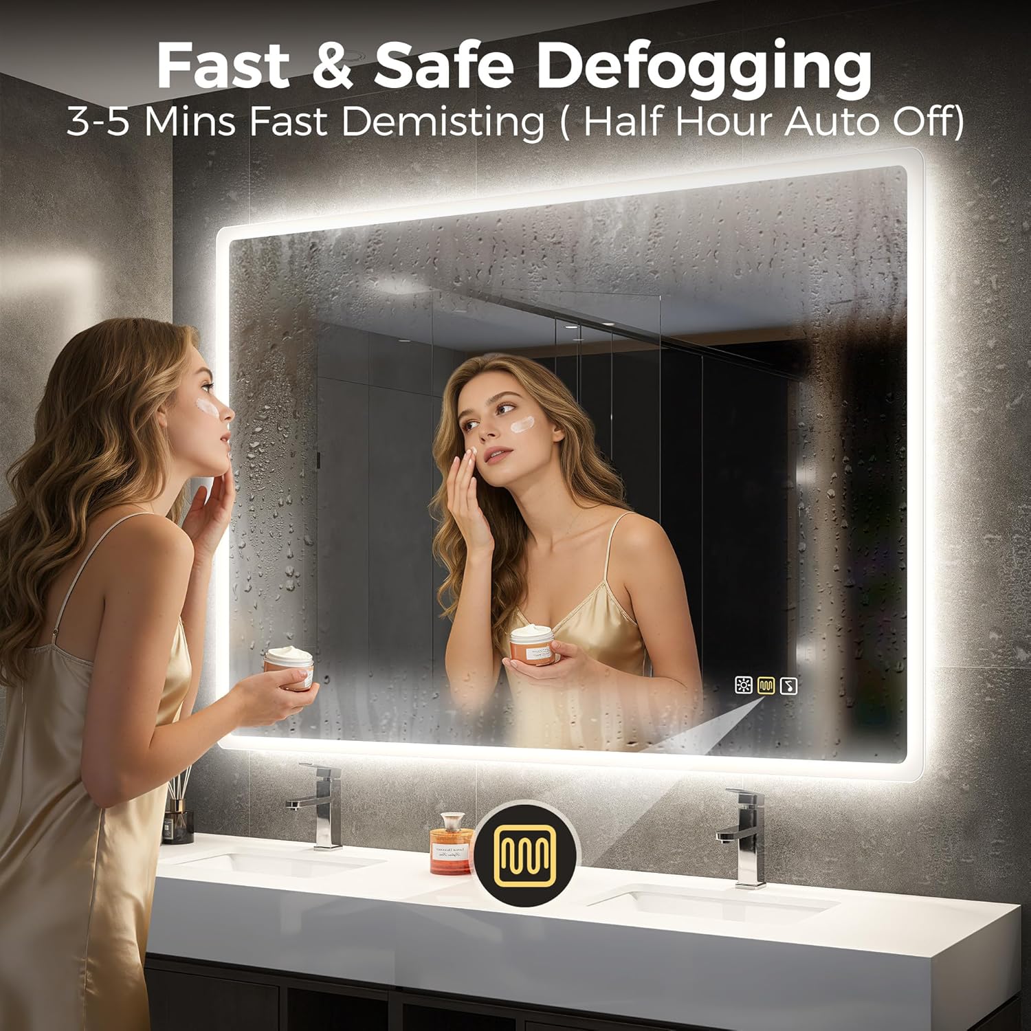Grand Miroir-LED-Salle-de-Bain-avec-Éclairage 120x70cm, Bluetooth, Dimmable, 3 Couleurs Légères, Anti-buée, Mémoire, IP44, Verre Trempé HD, Horizontal/Vertical 70L x 120l cm M3017 Madrid Argent (Bluetooth)