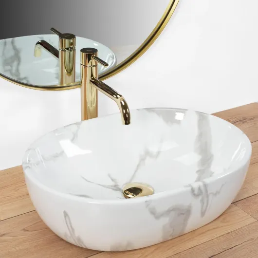 Vasque à poser Amelia Marmo Shiny Lavabo Salle de Bain 480 x 345 x 135 mm en Céramique (Blanc, imitation de marbre) Amelia Marmo Shiny 48 x 34,5 cm Amelia Marmo Shiny