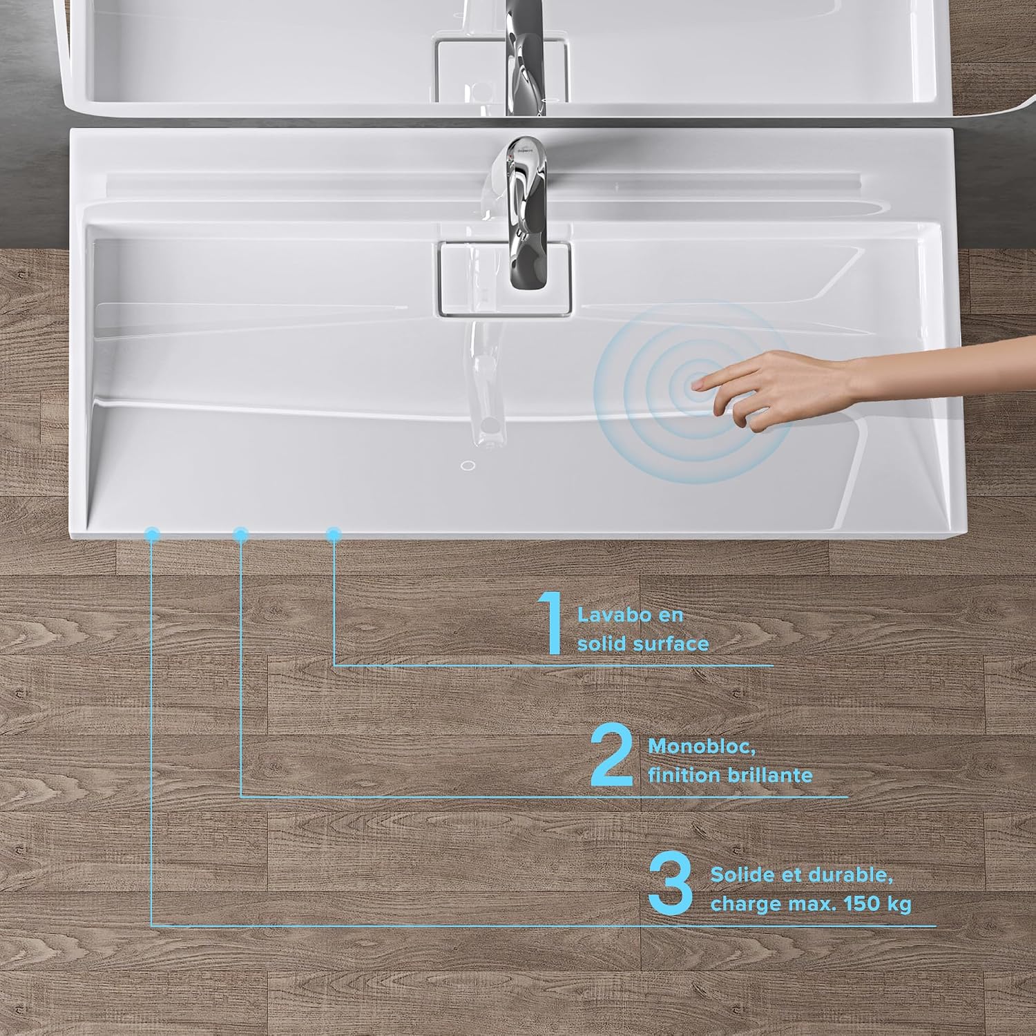 Lavabo Suspendu avec Bonde Vasque à Poser Blanc 90x46x11cm Lave Mains Rectangulaire avec Perçage de Robinet Colossum19 90 cm Blanc