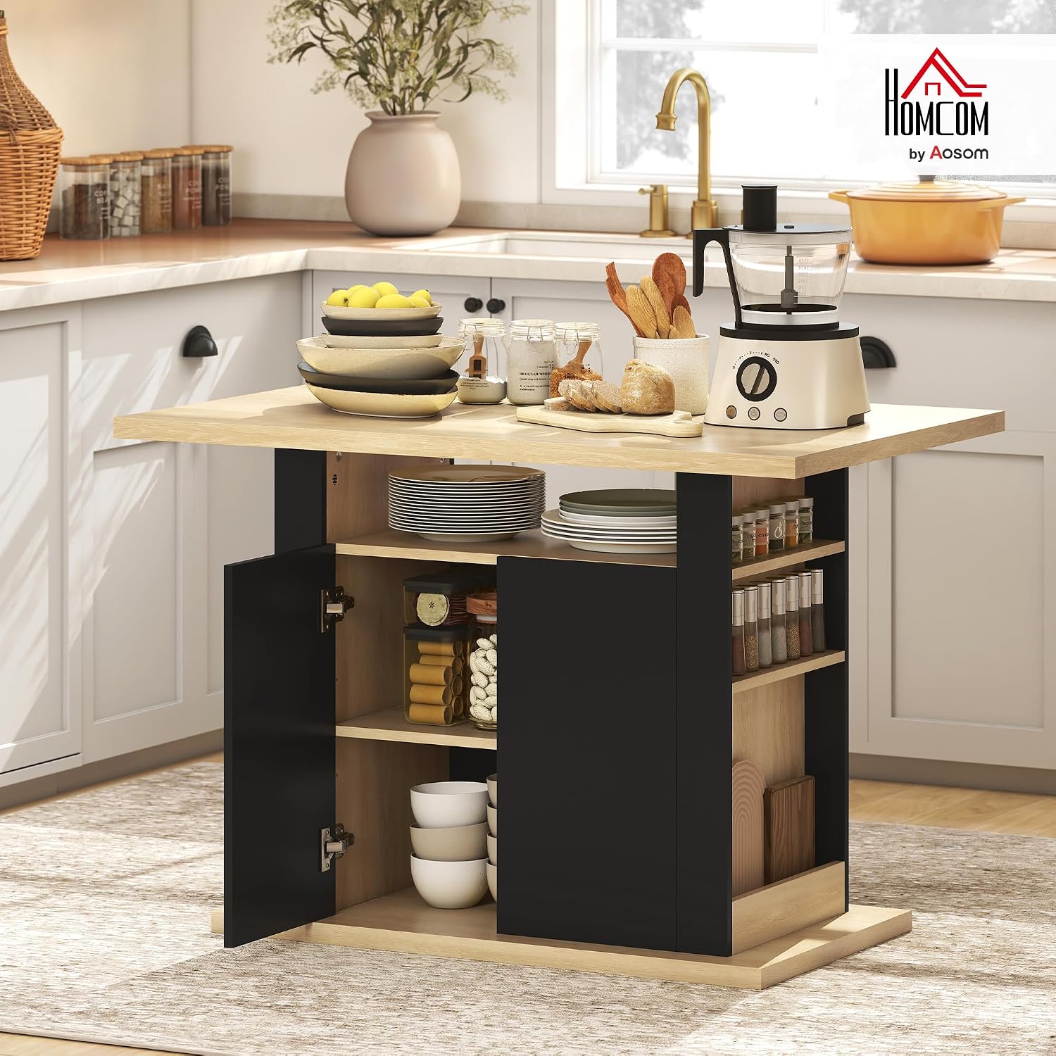 Îlot Central Cuisine Placard Bois 110 x 70 x 75,5 cm Noir et Naturel - Table à Manger, Meuble de Rangement, Grand Plan de Travail, 4 Personnes, 4 Portes et Étagères