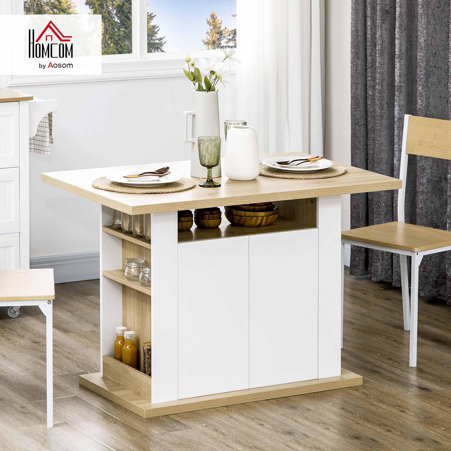 Îlot Central Cuisine Placard Bois 110 x 70 x 75,5 cm Blanc Naturel - Table à Manger, Meuble de Rangement, Grand Plan de Travail, 4 Personnes, 4 Portes et Étagères