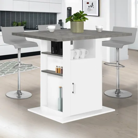Ilot Central UGO 110 cm Plateau Effet béton et Blanc avec rangements