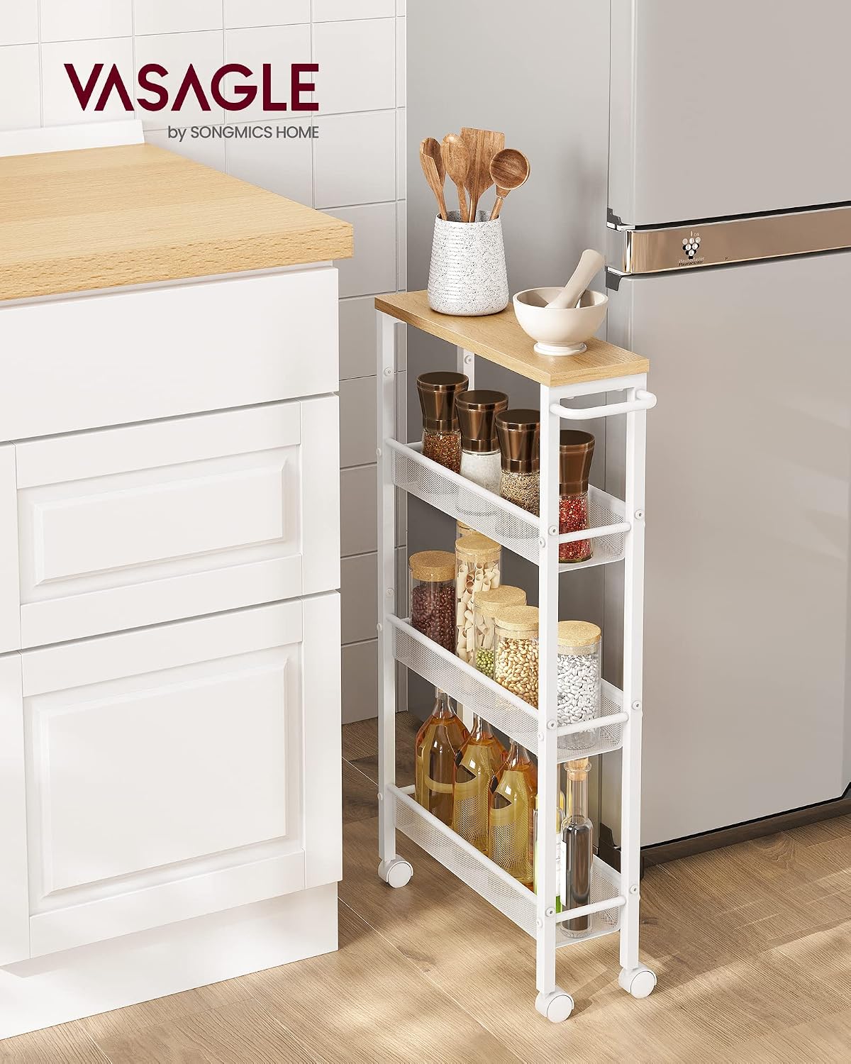Desserte 4 Niveaux, Étagère de Cuisine Fin avec roulettes, Cadre en Acier, Poignée, Petit Espace, 13 x 45,4 x 77 cm, Salle de Bain, Salon, Bureau, Beige Chêne et Blanc LRC032W09 Beige Chêne + Blanc Classique 4 Niveaux (13P x 77H cm)
